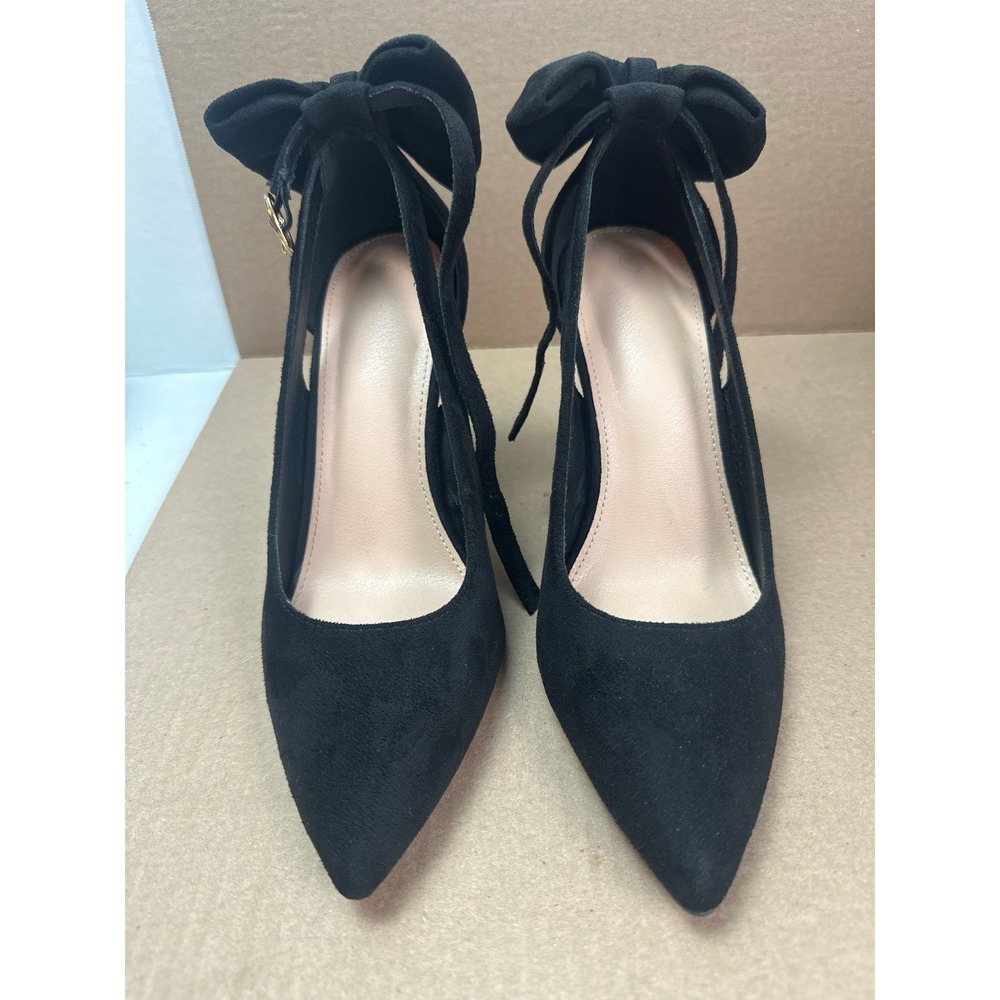 ZBY Black Faux Suede Bow Heel Pumps Pointed Toe Ankle Strap Heels Size 6.5
